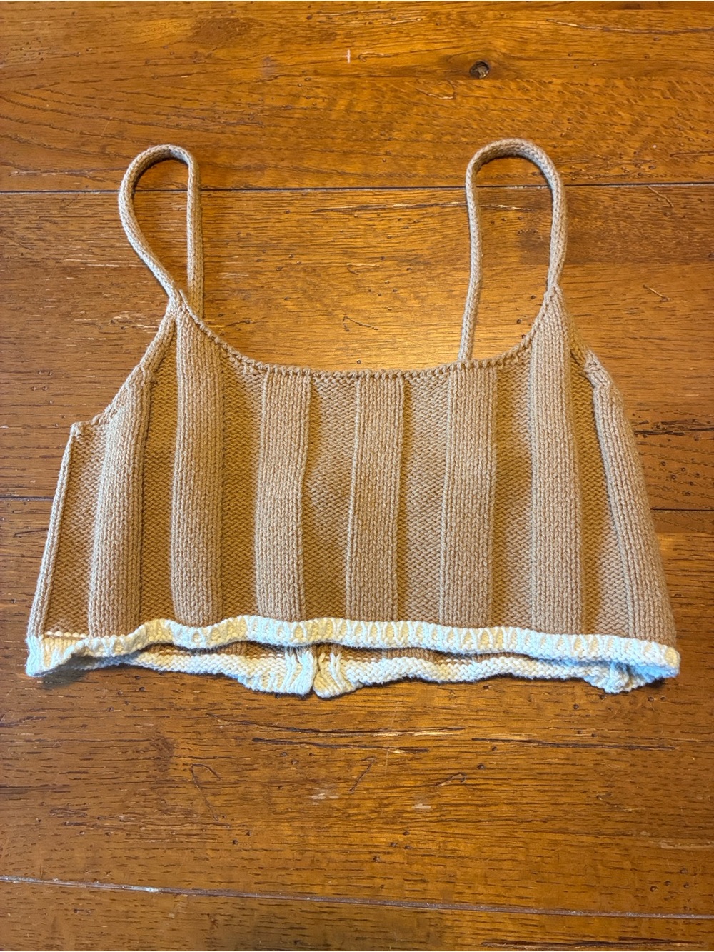 Ribbed Knit Beige Cropped Cami Top with Contrast Trim